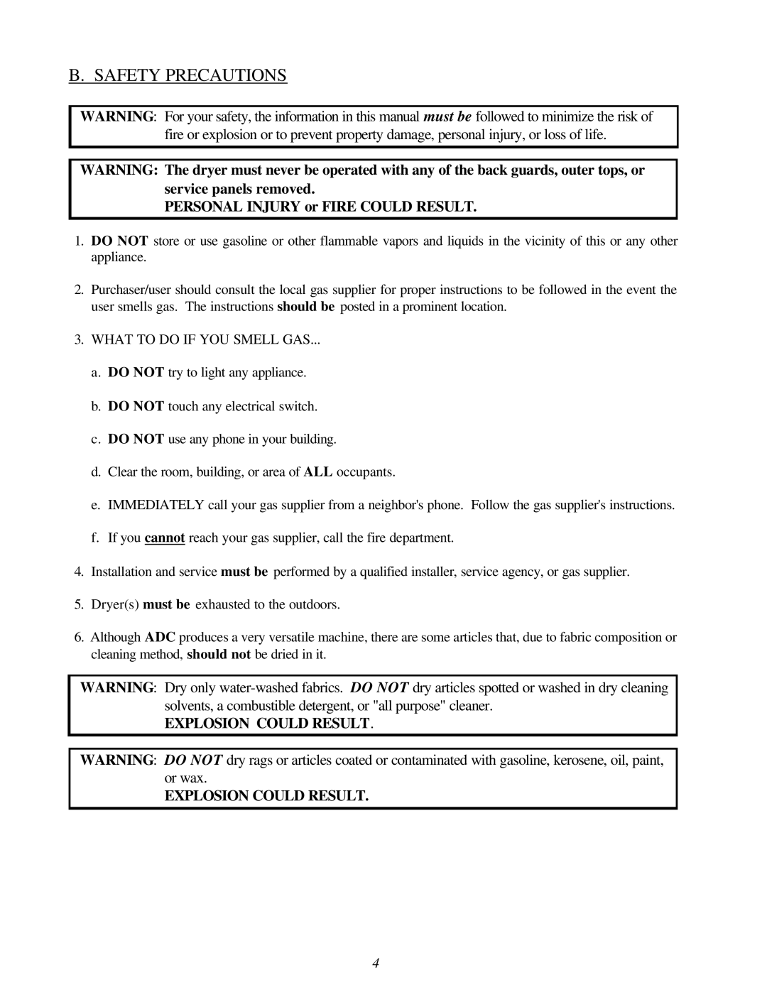 American Dryer Corp EURO-24 manual Safety Precautions, Personal Injury or Fire could Result 