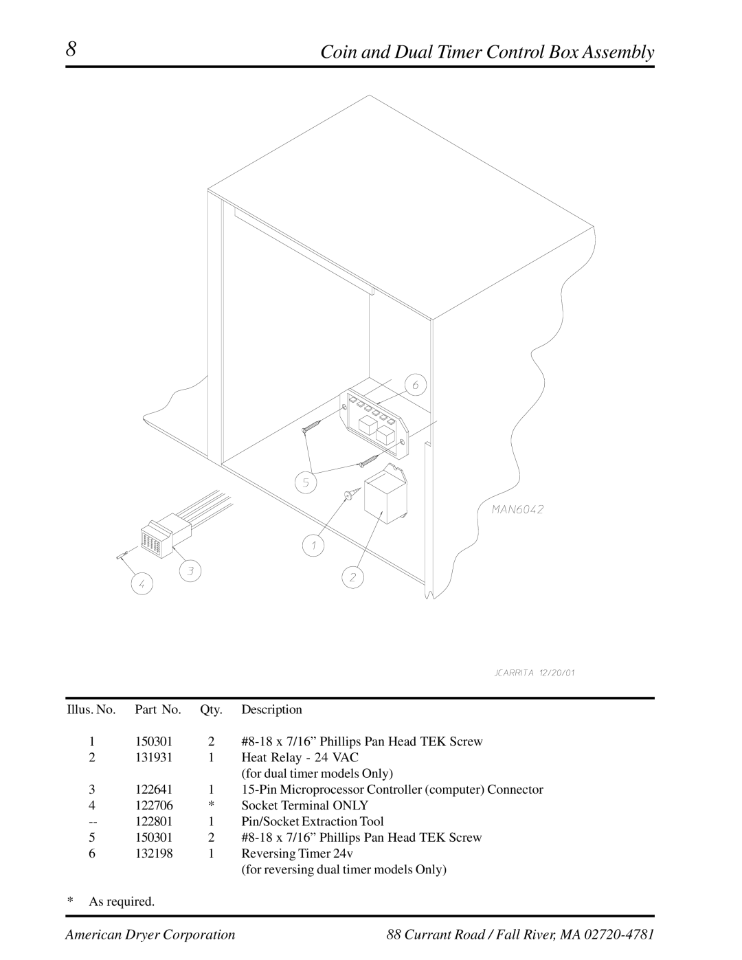 American Dryer Corp EURO-35 manual Coin and Dual Timer Control Box Assembly 