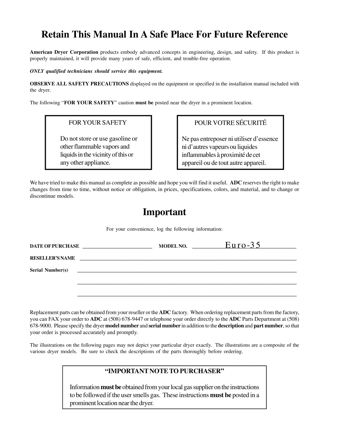 American Dryer Corp EURO-35 manual Retain This Manual In a Safe Place For Future Reference 