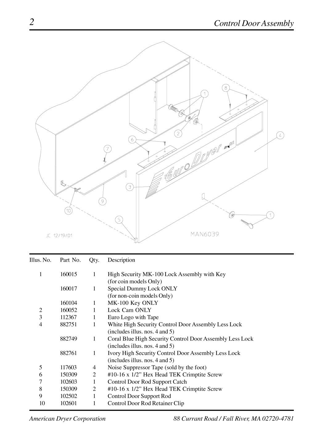 American Dryer Corp EURO-35 manual Control Door Assembly 