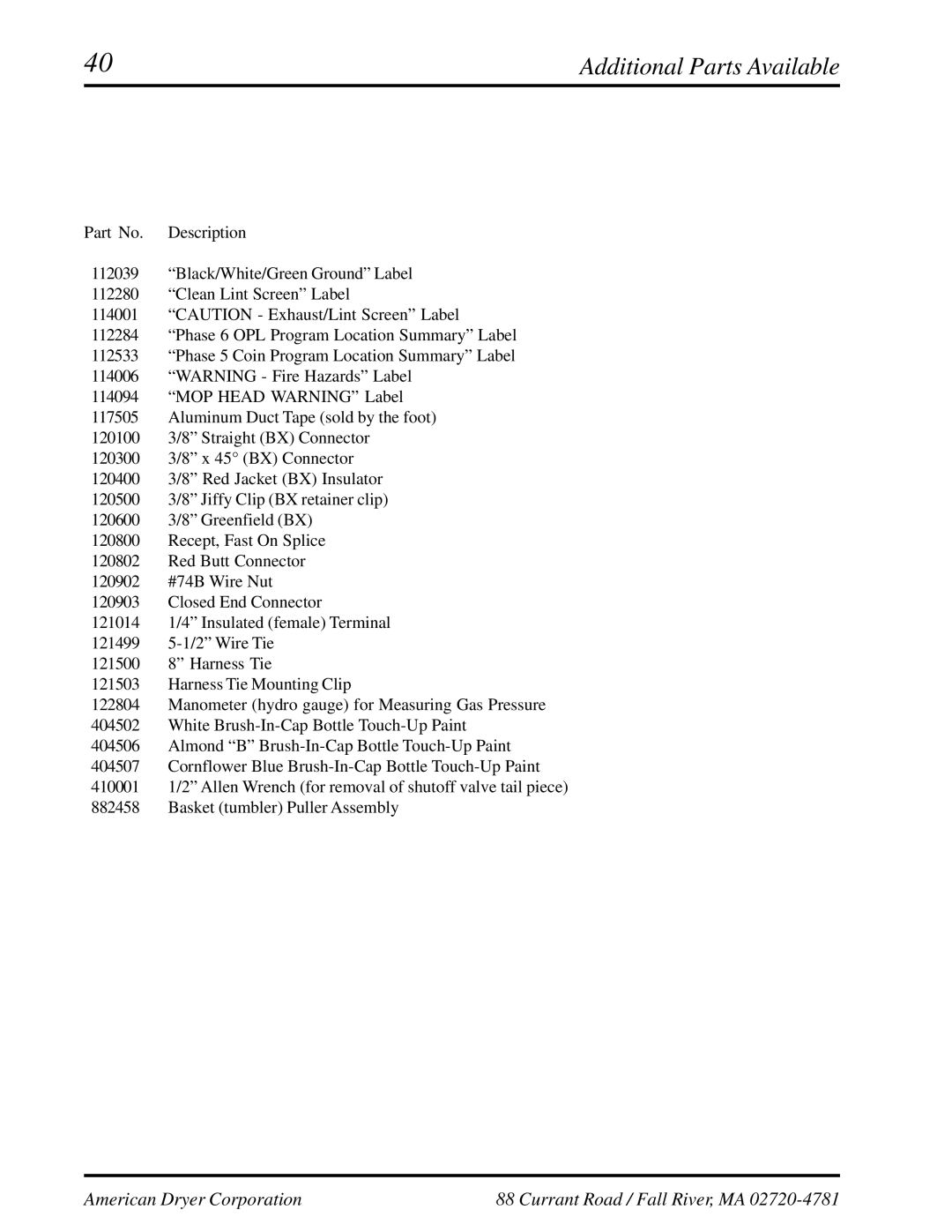 American Dryer Corp EURO-35 manual Additional Parts Available 