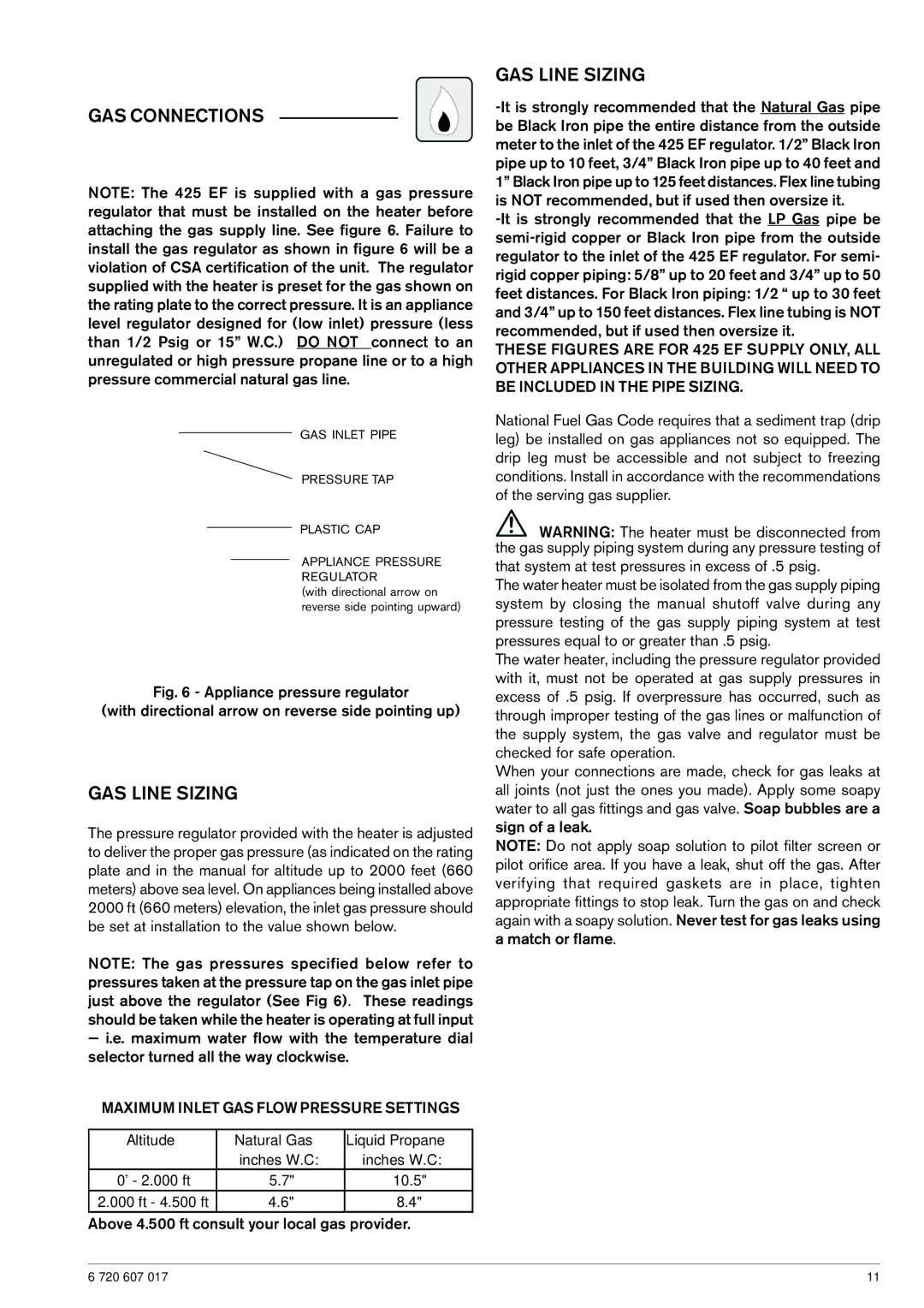 American Dryer Corp GWH 425 EF manual GAS Connections, GAS Line Sizing 