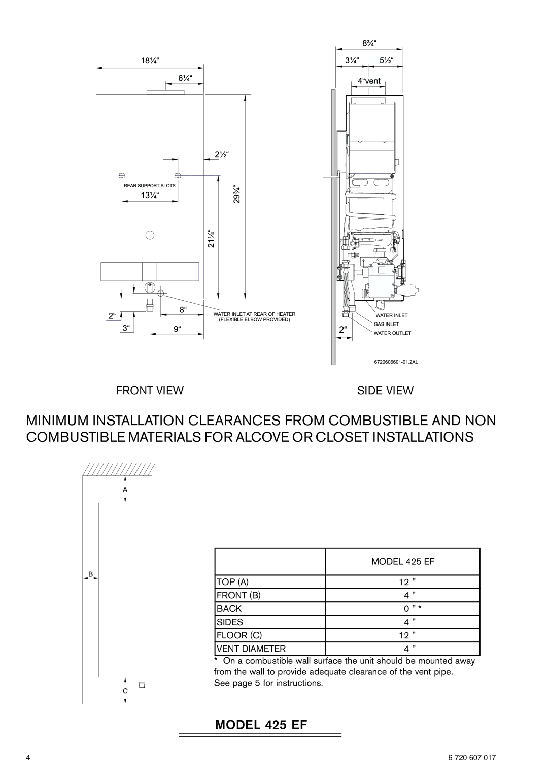 American Dryer Corp GWH 425 EF manual Front View Side View, TOP a Front B Back Sides Floor C Vent Diameter 