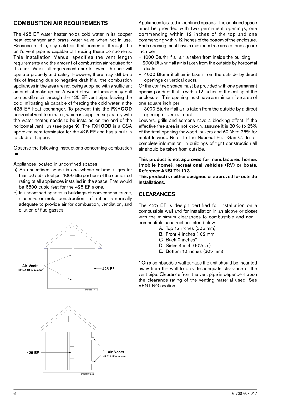 American Dryer Corp GWH 425 EF manual Combustion AIR Requirements, Clearances 