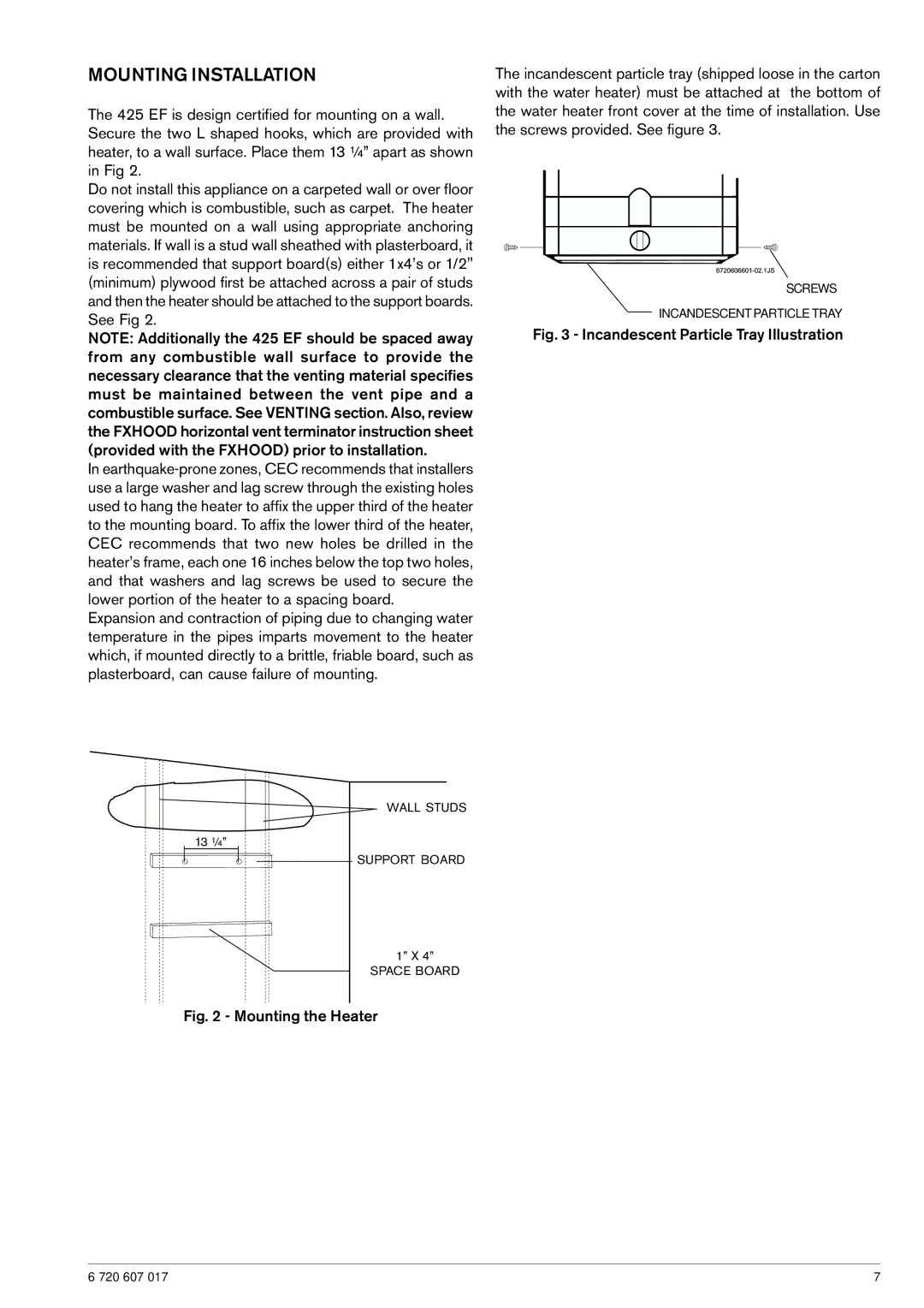 American Dryer Corp GWH 425 EF manual Mounting Installation, Incandescent Particle Tray Illustration 