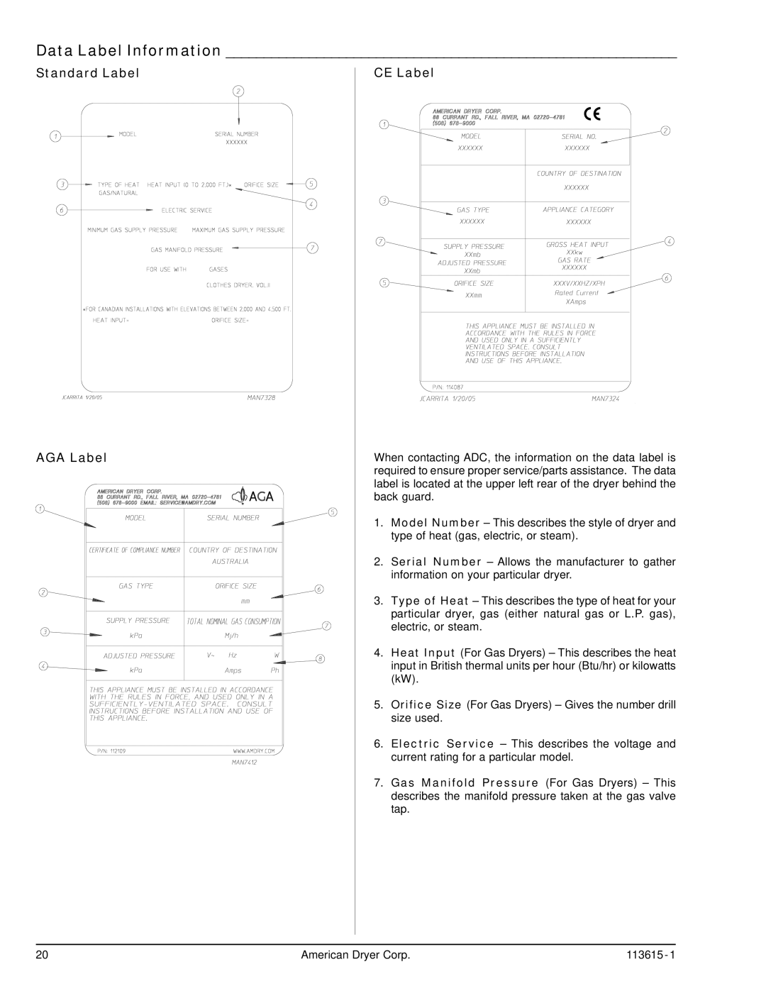 American Dryer Corp HBG76 manual Data Label Information, Standard Label AGA Label CE Label 