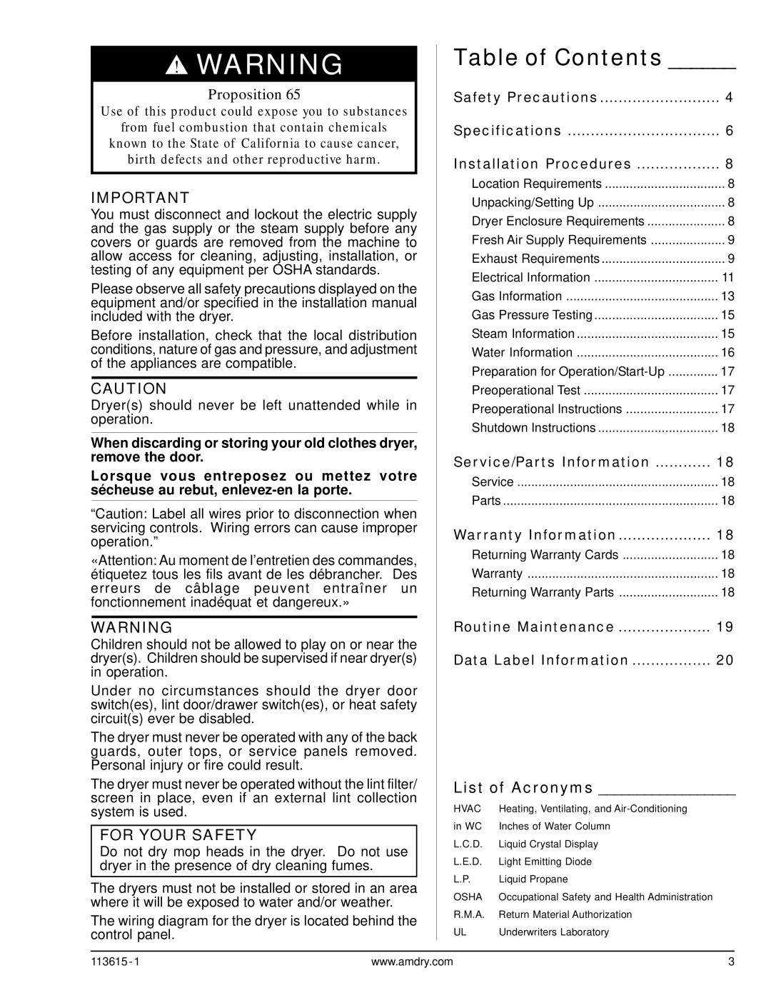 American Dryer Corp HBG76 manual Table of Contents 