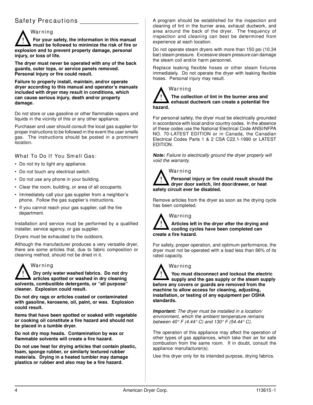 American Dryer Corp HBG76 manual Safety Precautions, What To Do If You Smell Gas 