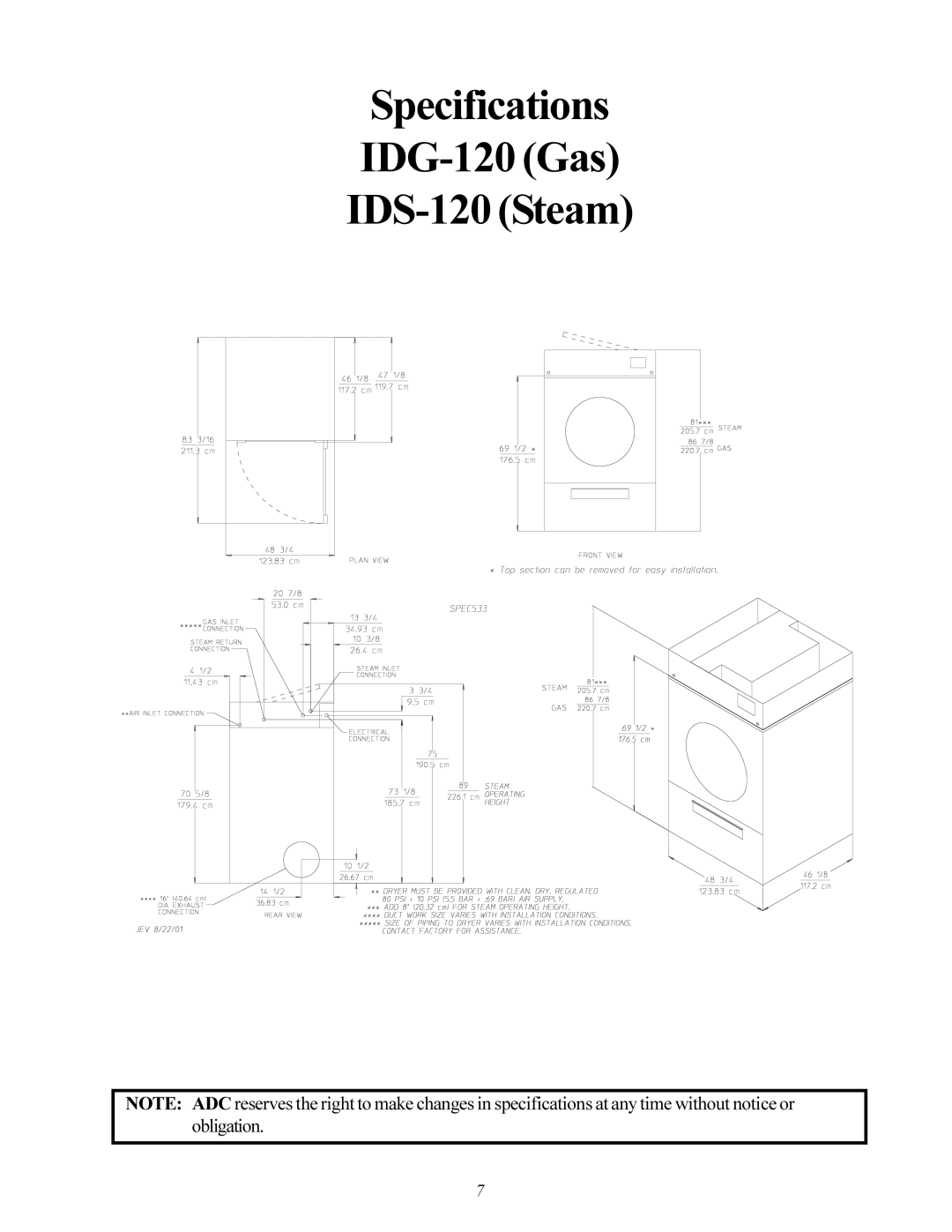 American Dryer Corp ID-120 installation manual Specifications IDG-120 Gas IDS-120 Steam 