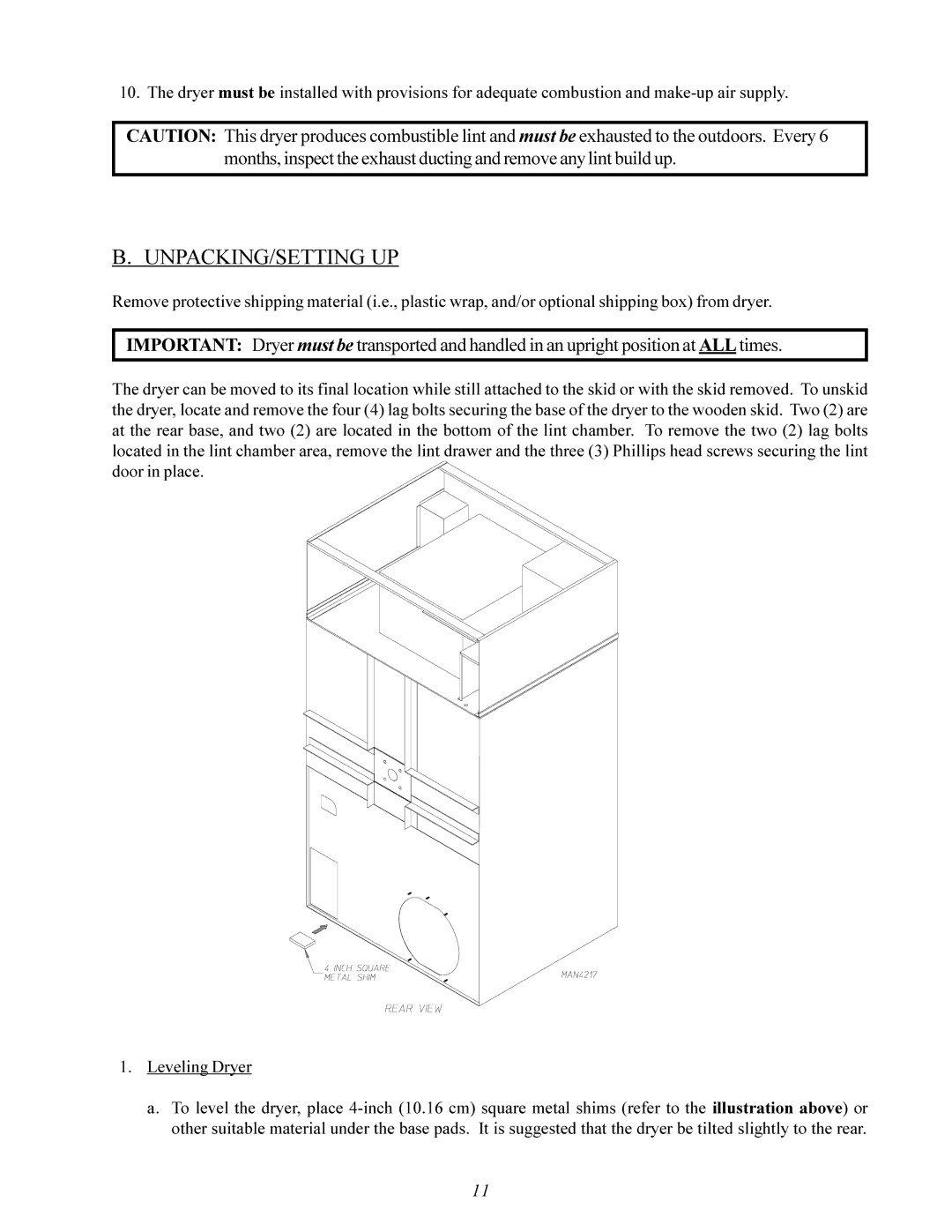 American Dryer Corp ID-120 installation manual Unpacking/Setting Up 