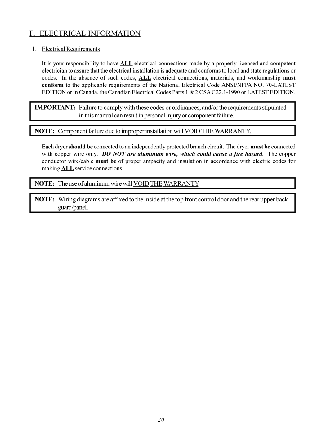 American Dryer Corp ID-120 installation manual Electrical Information, Electrical Requirements 