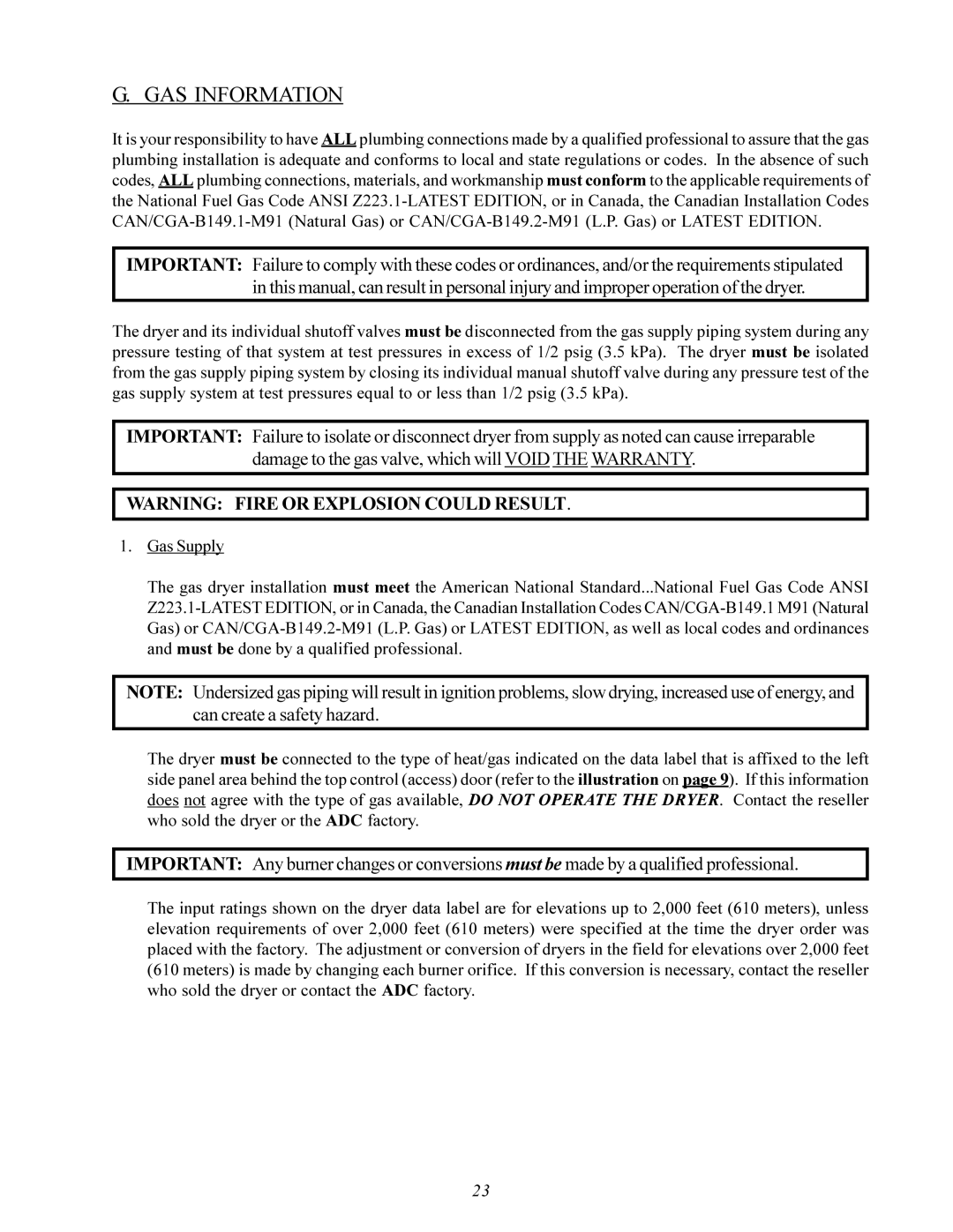 American Dryer Corp ID-120 installation manual GAS Information 