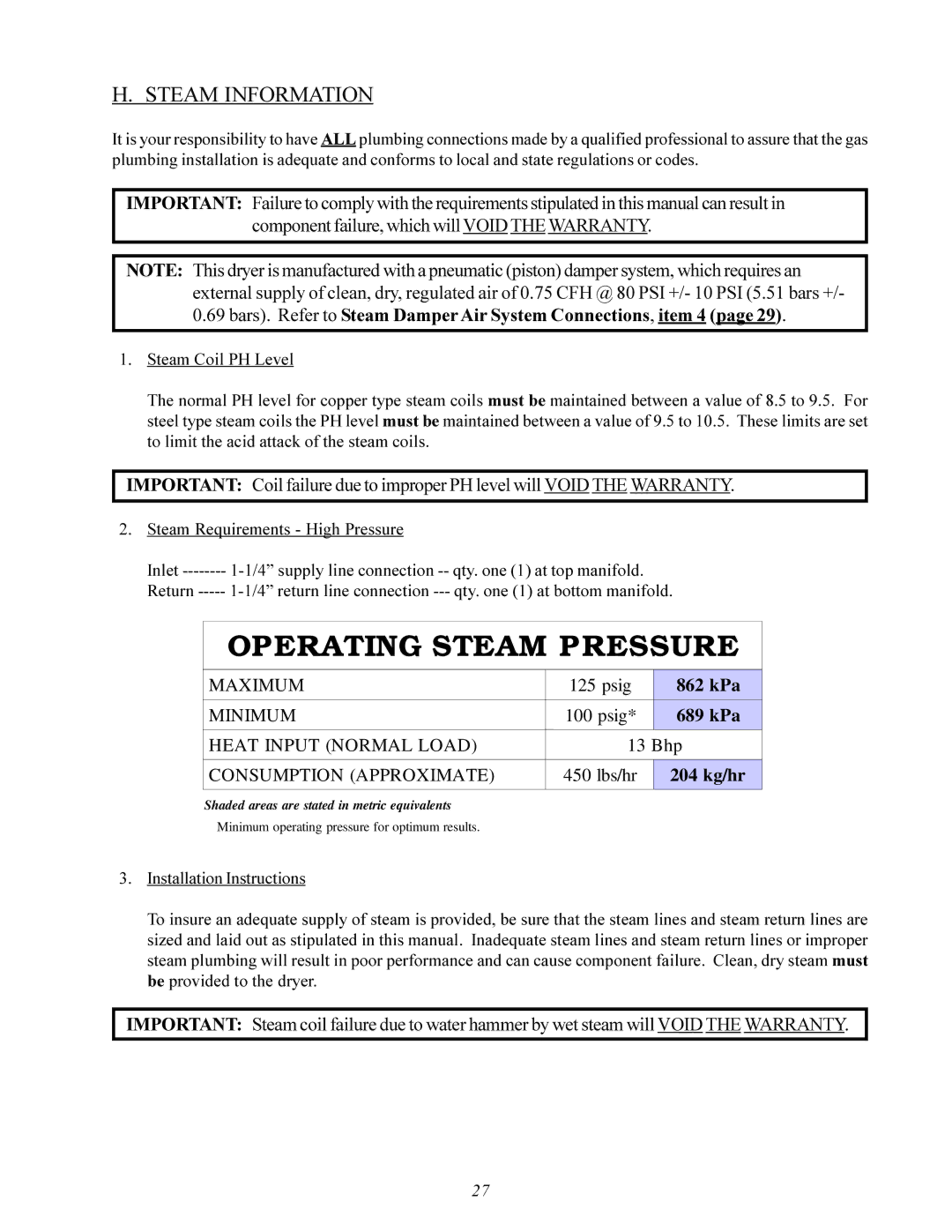 American Dryer Corp ID-120 installation manual Steam Information, Bars. Refer to Steam DamperAir System Connections, item 4 