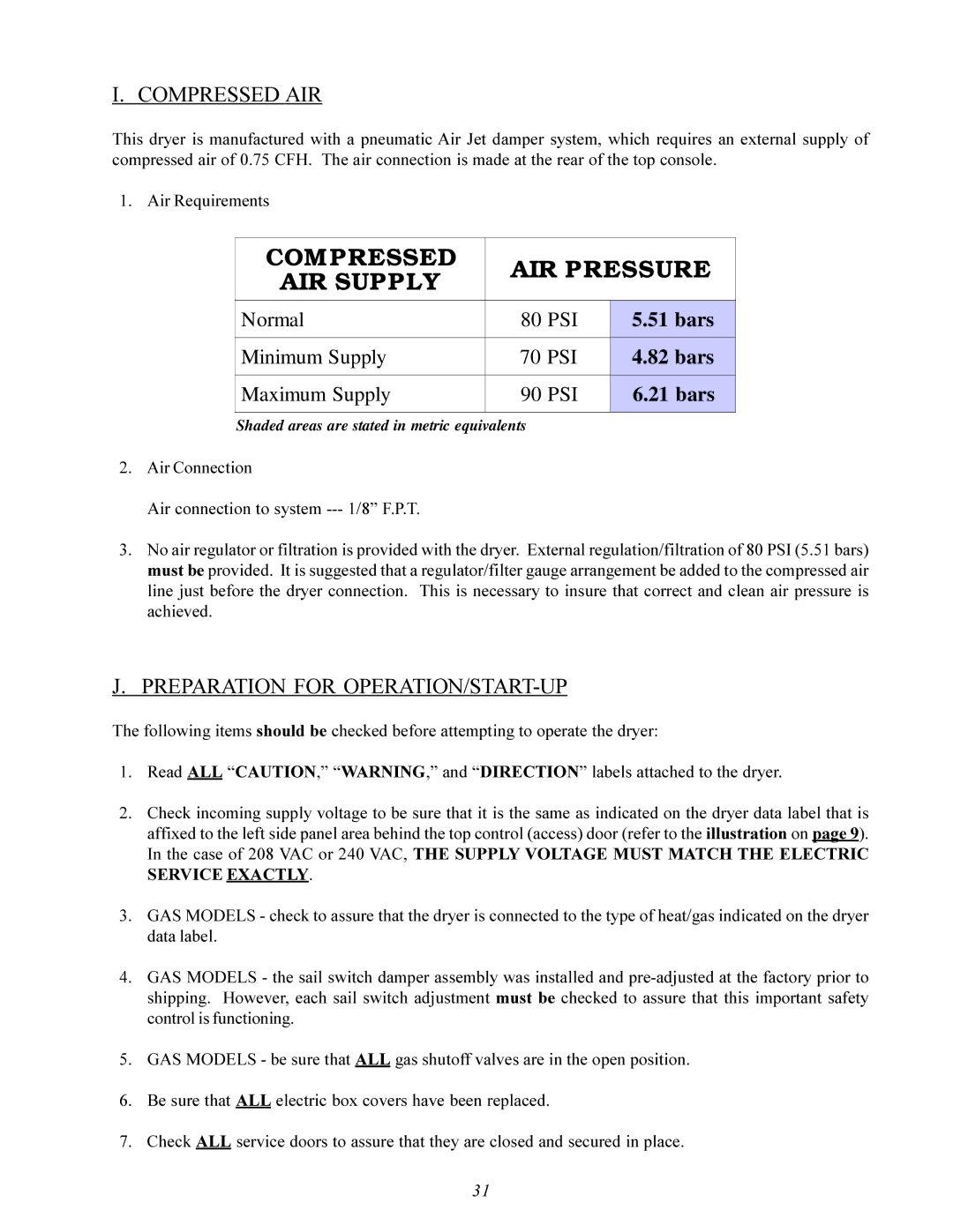 American Dryer Corp ID-120 installation manual Compressed AIR, Preparation for OPERATION/START-UP 