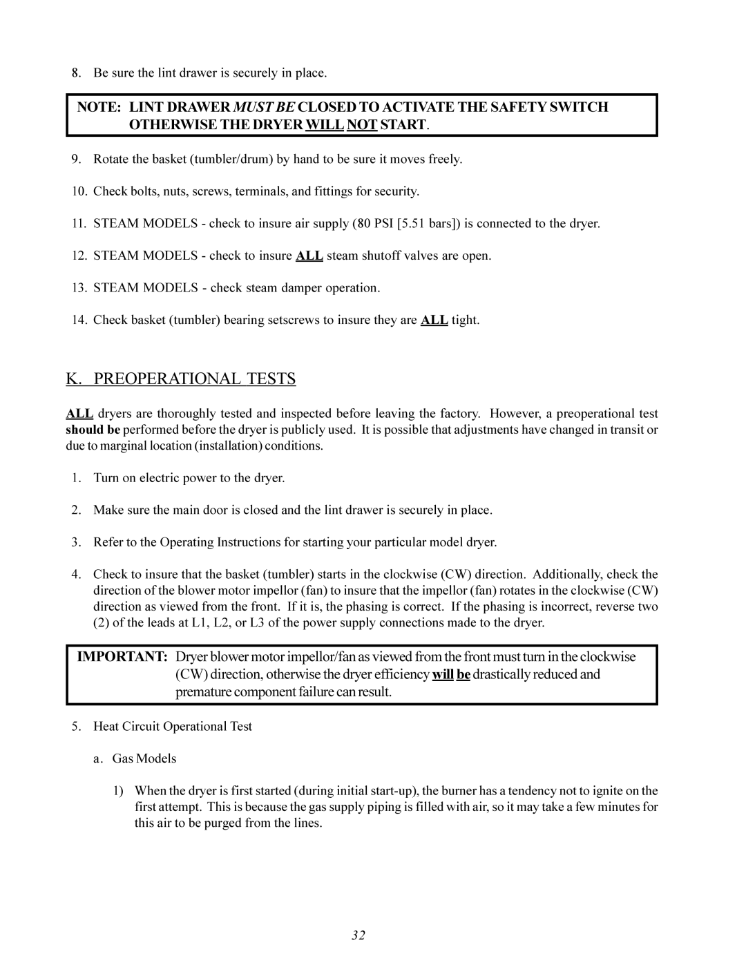 American Dryer Corp ID-120 installation manual Preoperational Tests 