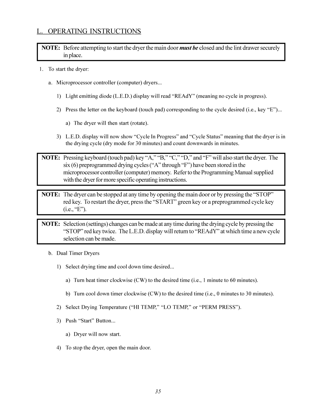 American Dryer Corp ID-120 installation manual Operating Instructions 