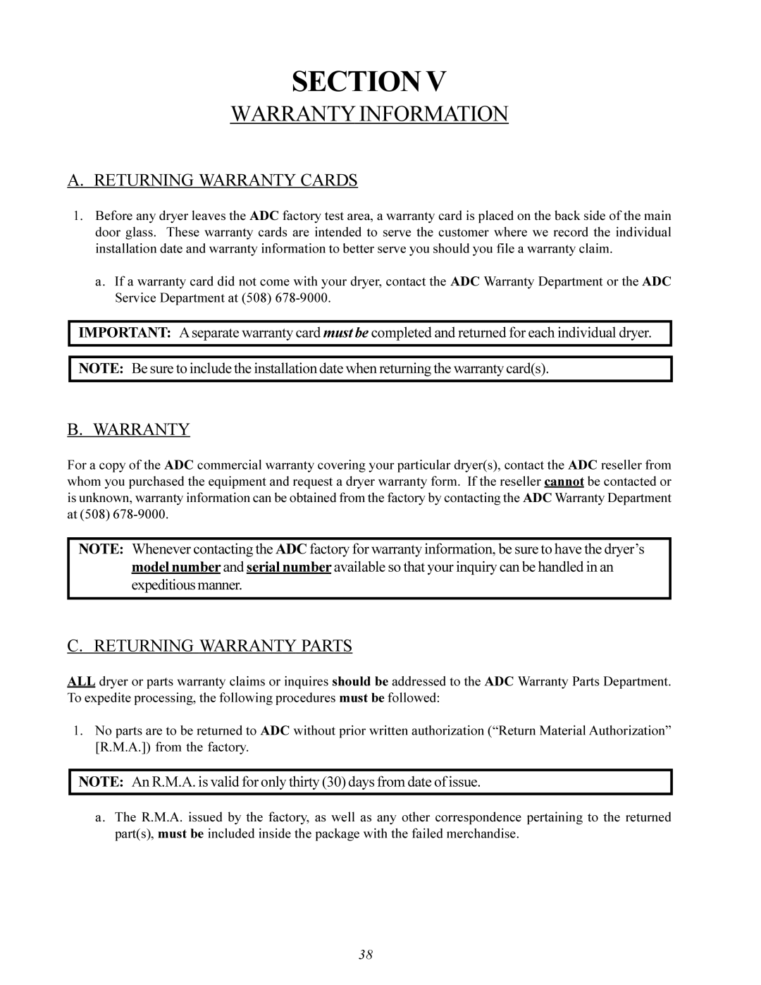 American Dryer Corp ID-120 installation manual Warranty Information, Returning Warranty Cards, Returning Warranty Parts 