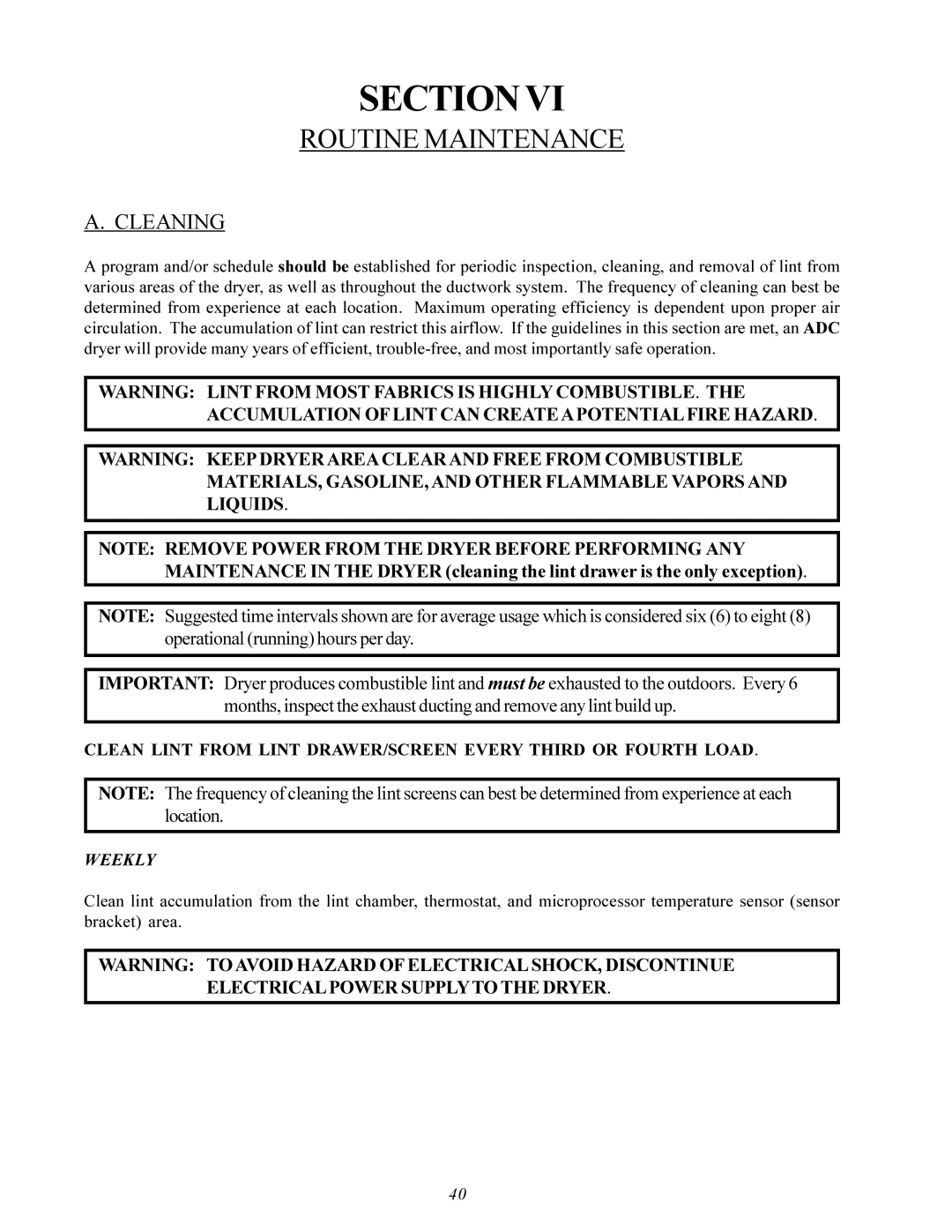 American Dryer Corp ID-120 installation manual Routine Maintenance, Cleaning 