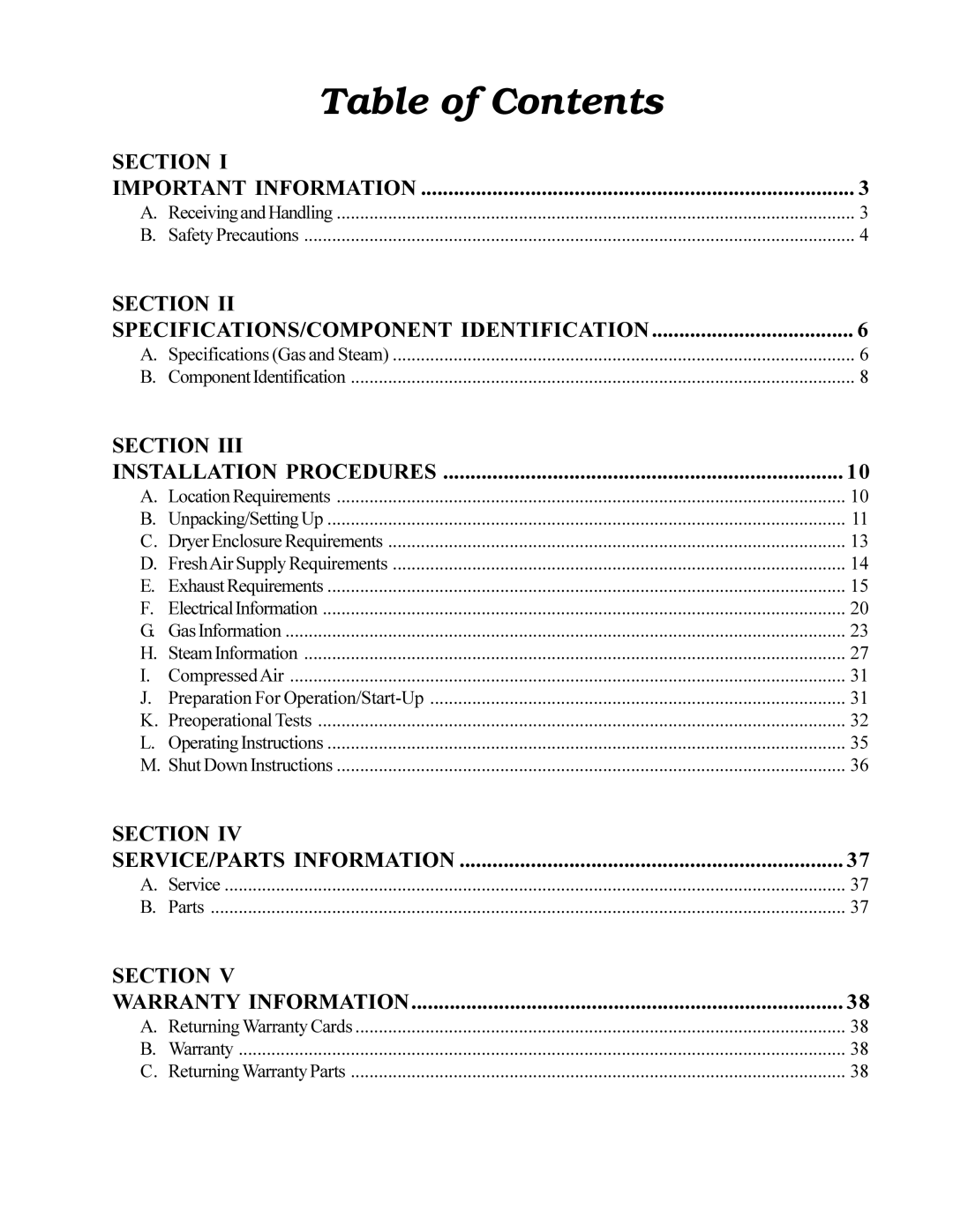 American Dryer Corp ID-120 installation manual Table of Contents 