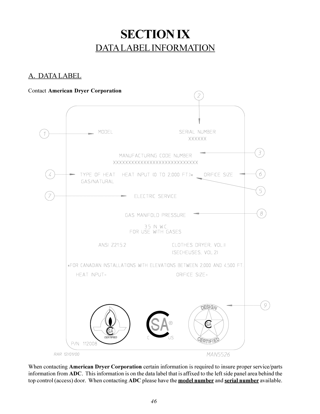 American Dryer Corp ID-120 installation manual Datalabel Information, Data Label 