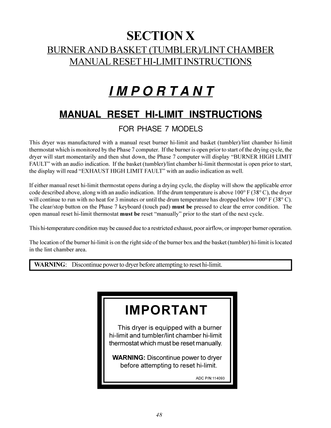 American Dryer Corp ID-120 installation manual P O R T a N T, For Phase 7 Models 