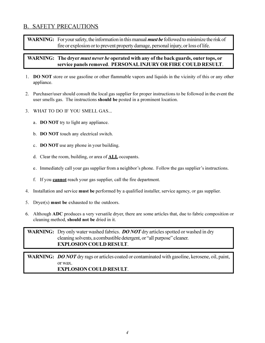 American Dryer Corp ID-120 installation manual Safety Precautions, What to do if YOU Smell GAS 