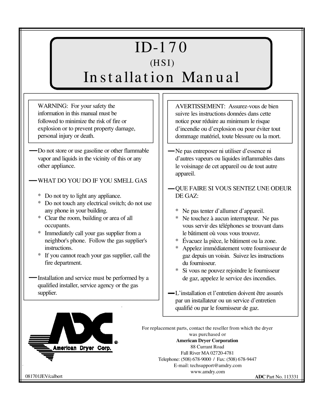 American Dryer Corp ID-170 installation manual 