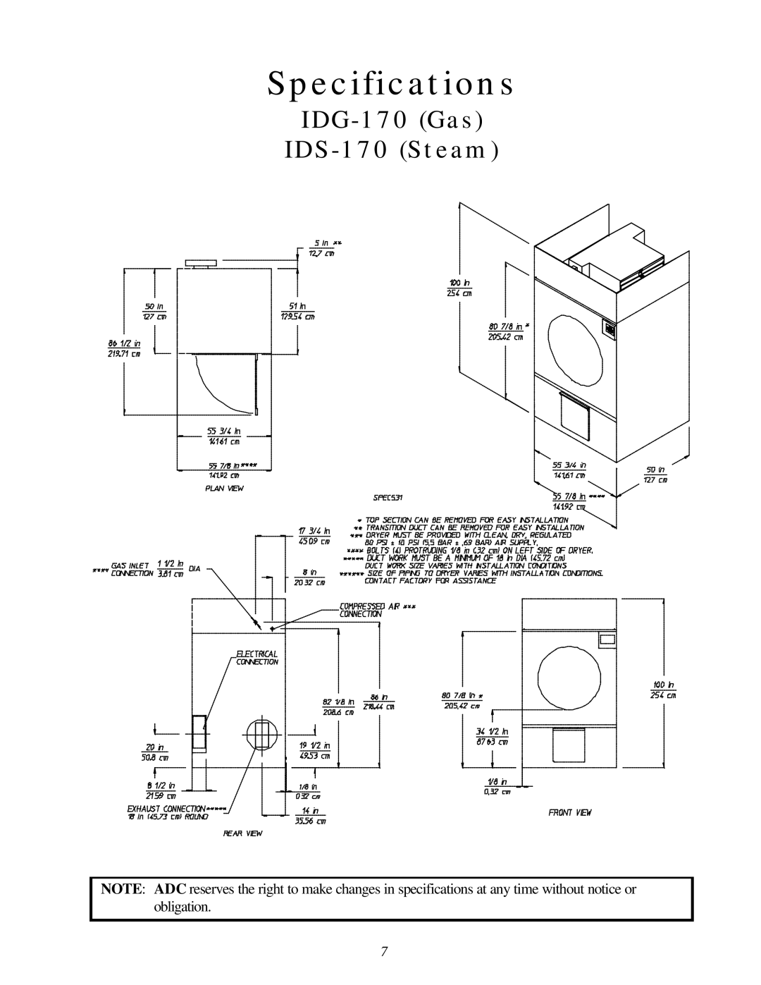 American Dryer Corp ID-170 installation manual Specifications 