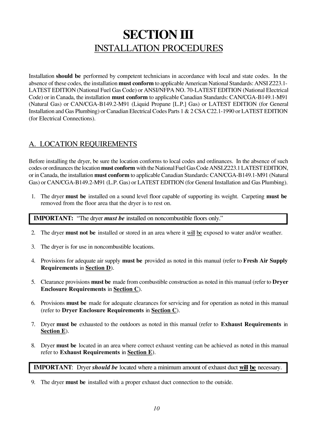 American Dryer Corp ID-170 installation manual Installation Procedures, Location Requirements 