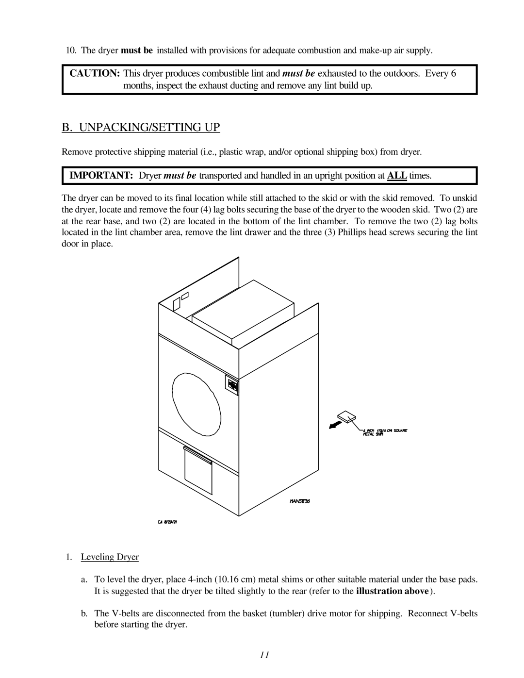 American Dryer Corp ID-170 installation manual Unpacking/Setting Up 