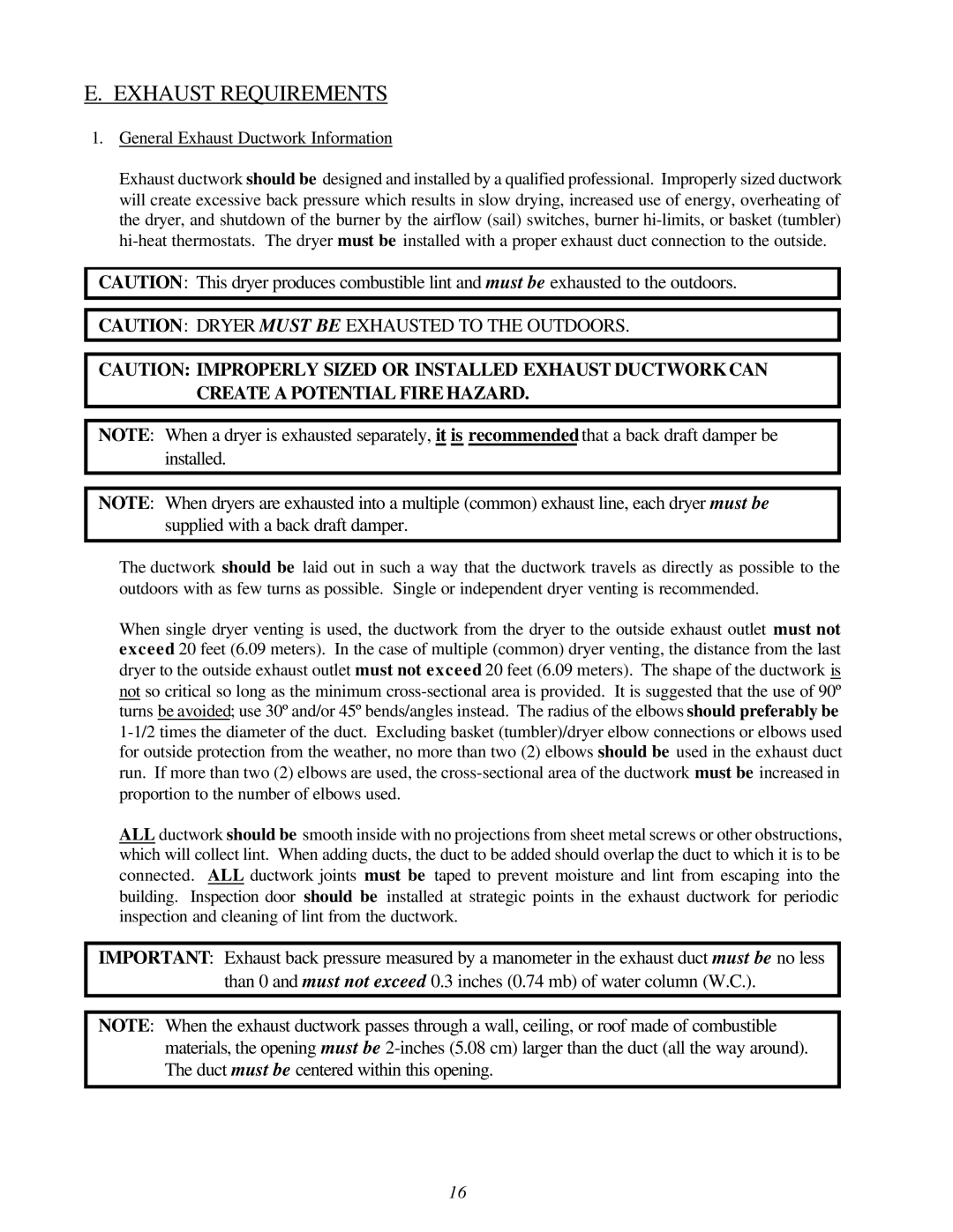 American Dryer Corp ID-170 installation manual Exhaust Requirements 