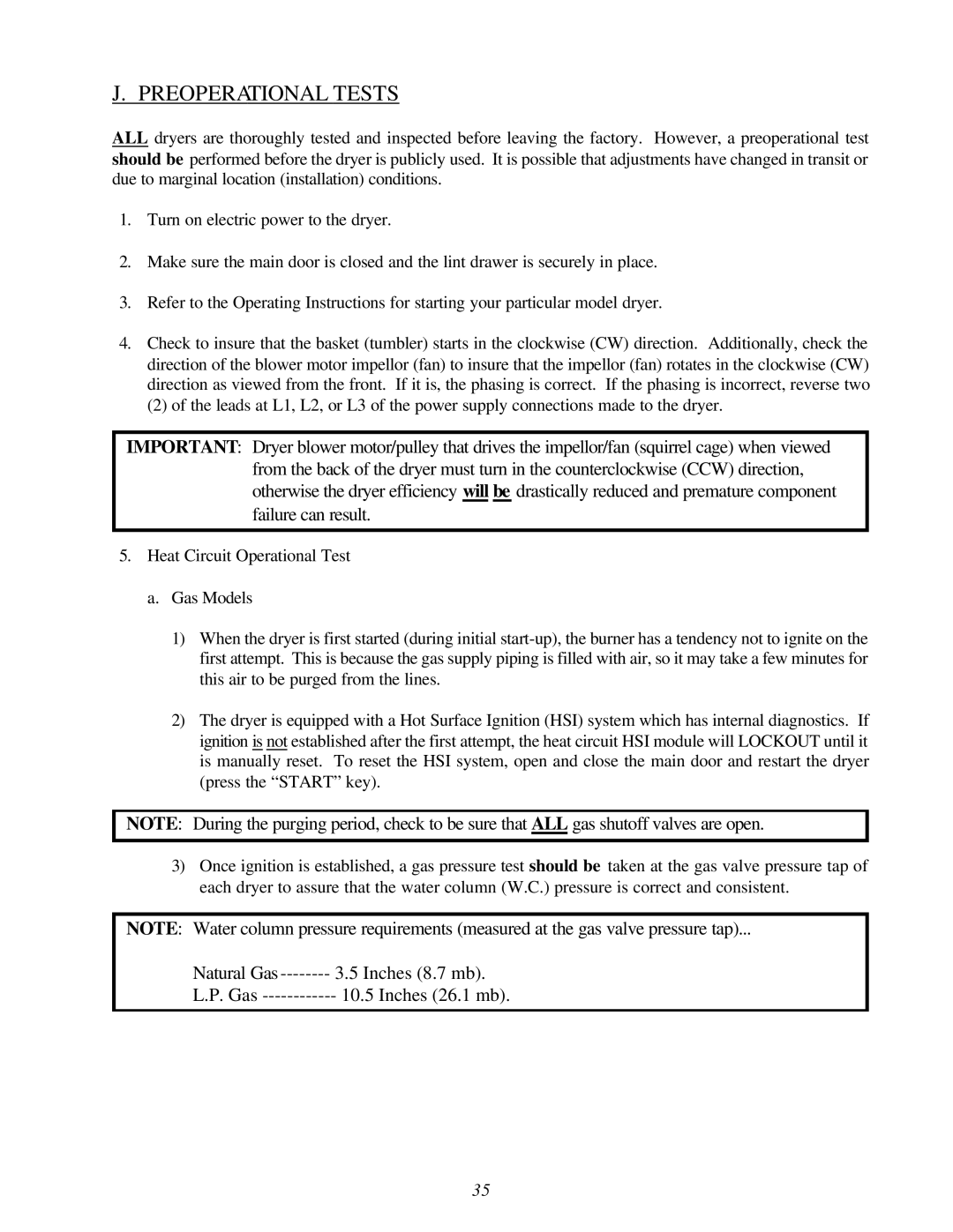 American Dryer Corp ID-170 installation manual Preoperational Tests 