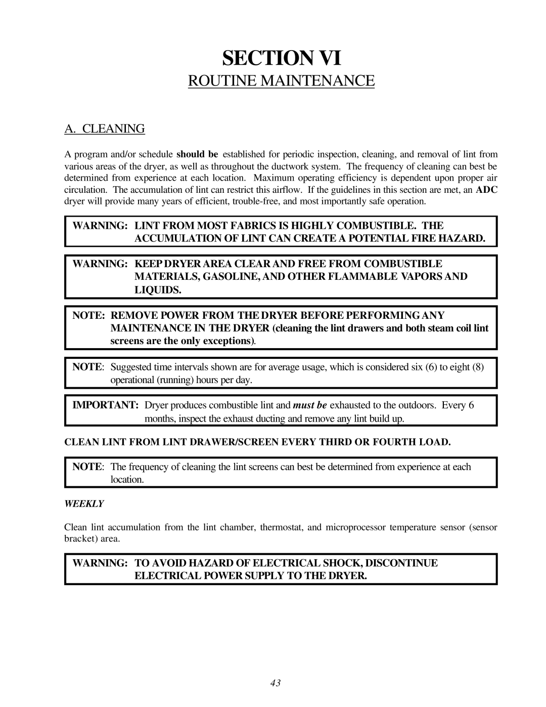 American Dryer Corp ID-170 installation manual Routine Maintenance, Cleaning 