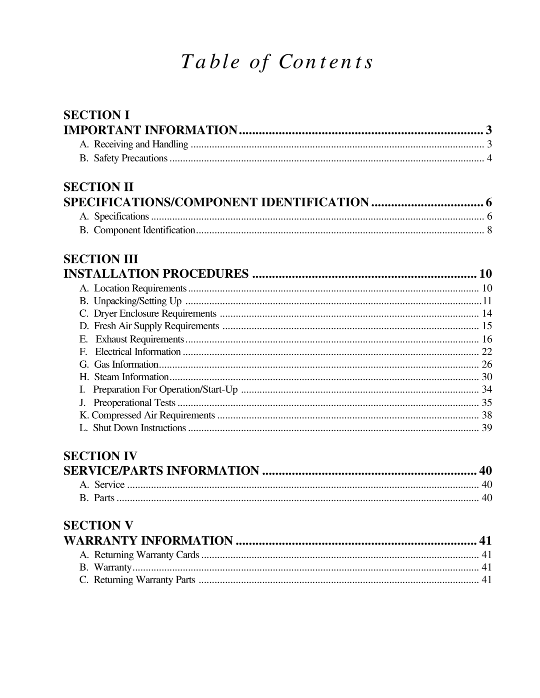 American Dryer Corp ID-170 installation manual Table of Contents 