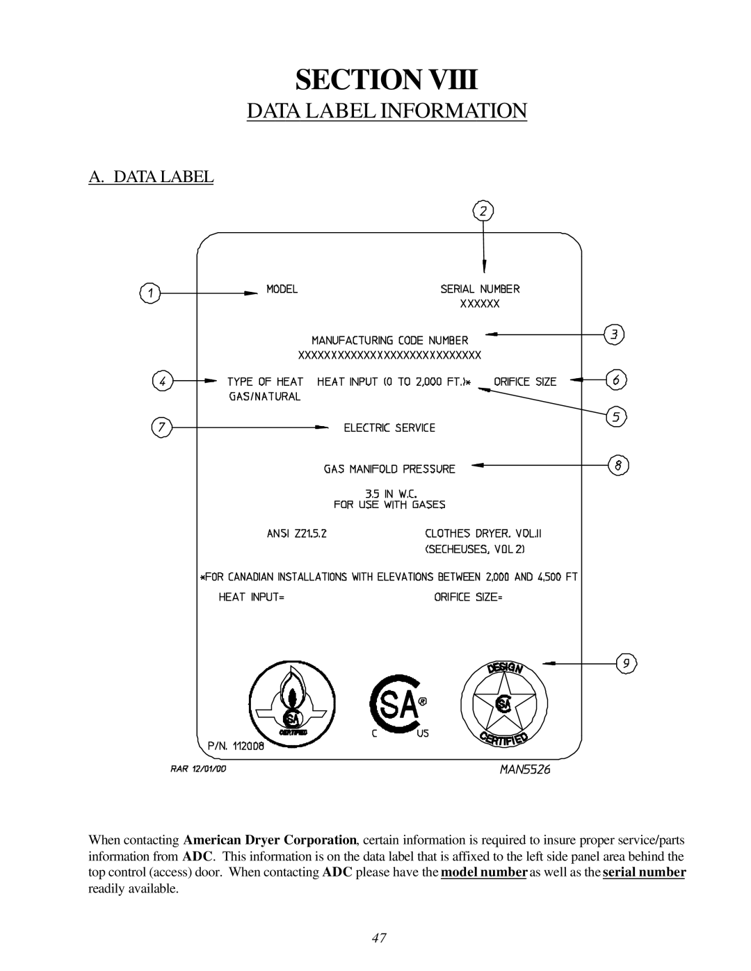 American Dryer Corp ID-170 installation manual Data Label Information 