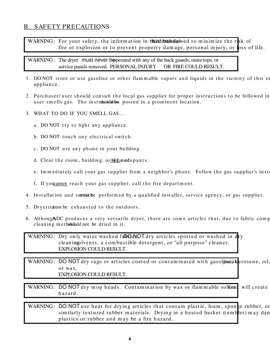 American Dryer Corp ID-170 installation manual Safety Precautions, What to do if YOU Smell GAS 