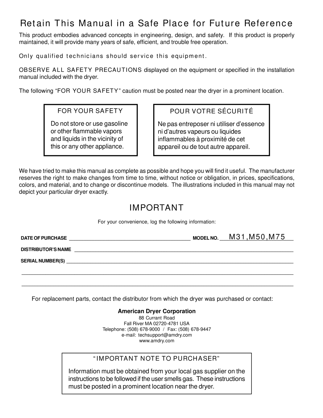 American Dryer Corp M31 manual Retain This Manual in a Safe Place for Future Reference 