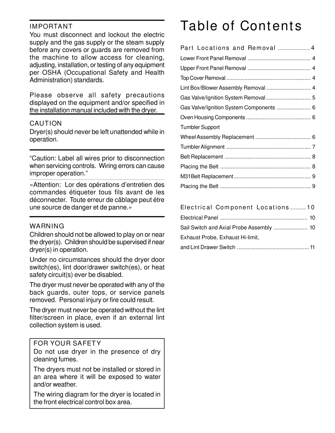 American Dryer Corp M31 manual Table of Contents 