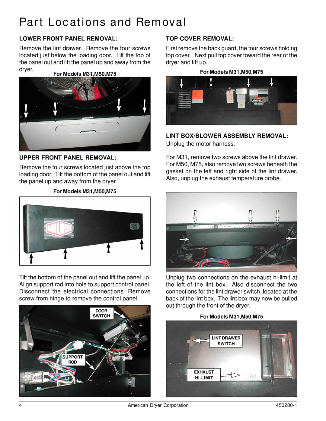 American Dryer Corp M31 manual Lower Front Panel Removal, Upper Front Panel Removal, TOP Cover Removal 