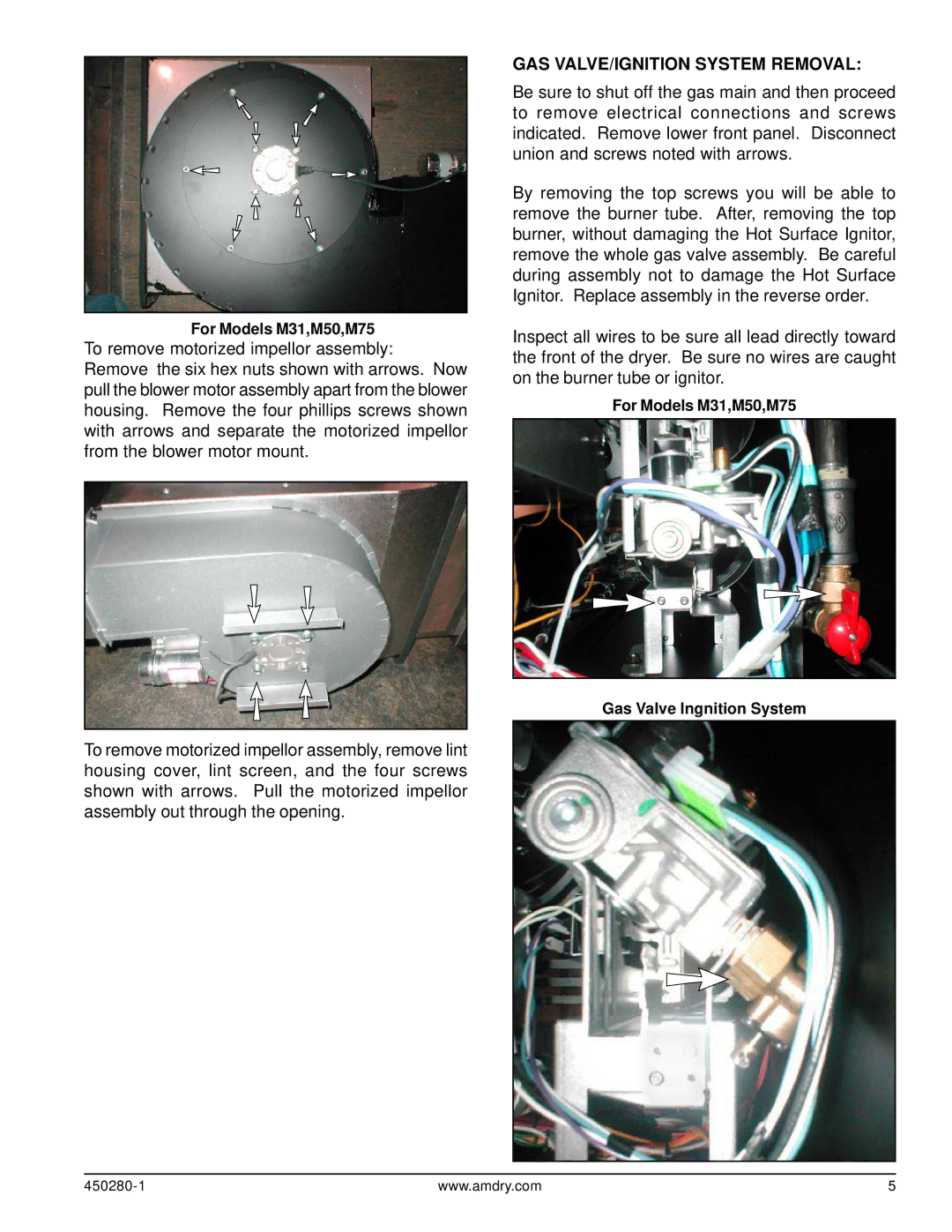 American Dryer Corp M31 manual GAS VALVE/IGNITION System Removal 