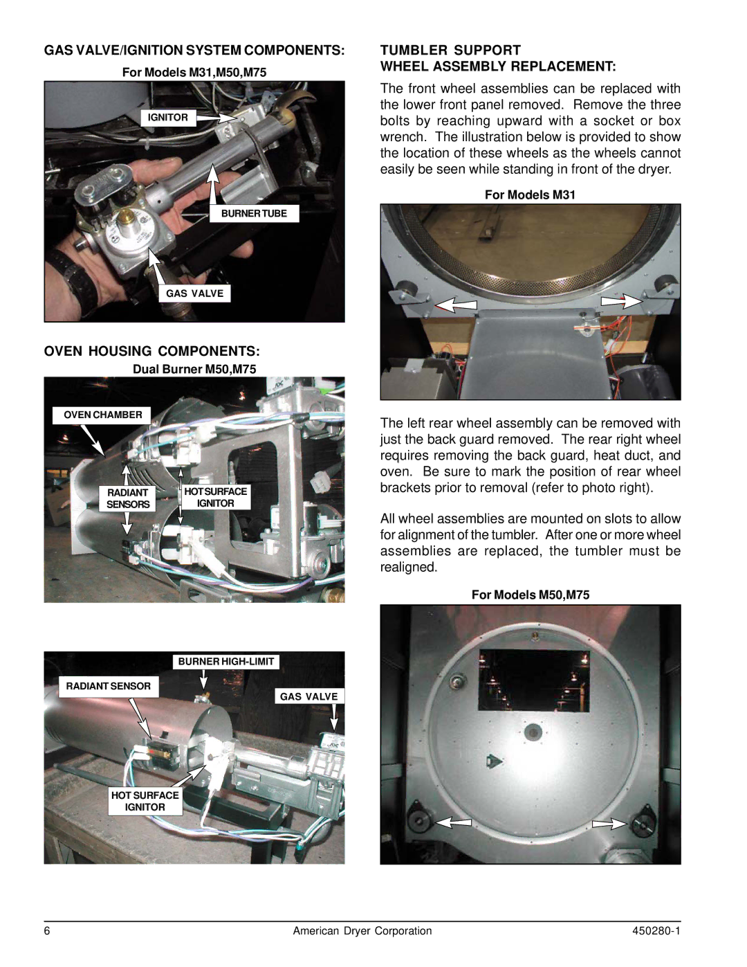 American Dryer Corp M31 manual GAS VALVE/IGNITION System Components, Oven Housing Components 