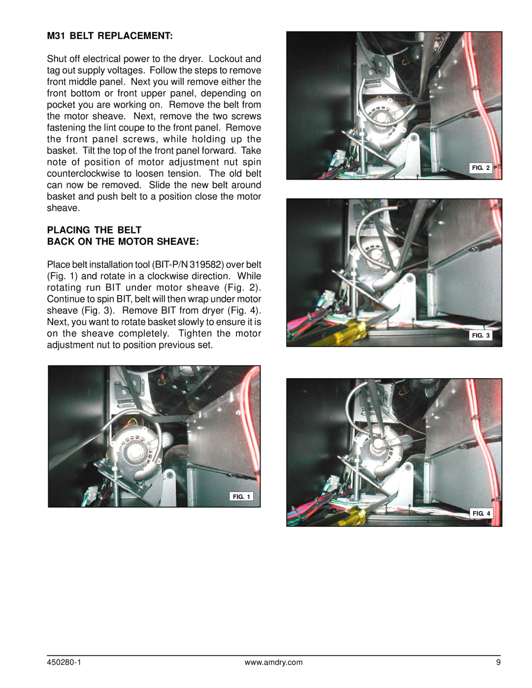 American Dryer Corp manual M31 Belt Replacement, Placing the Belt Back on the Motor Sheave 