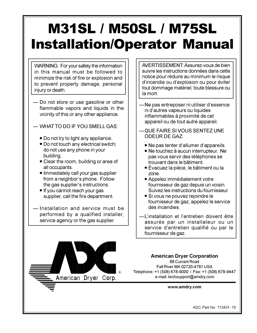 American Dryer Corp manual M31SL / M50SL / M75SL Installation/Operator Manual, American Dryer Corporation 