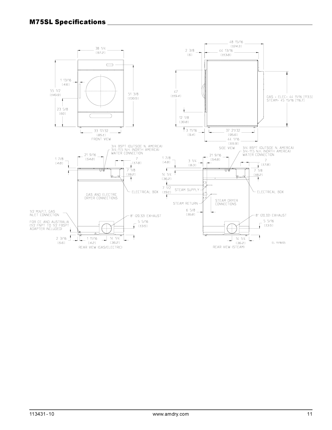 American Dryer Corp M31SL manual M75SL Specifications 