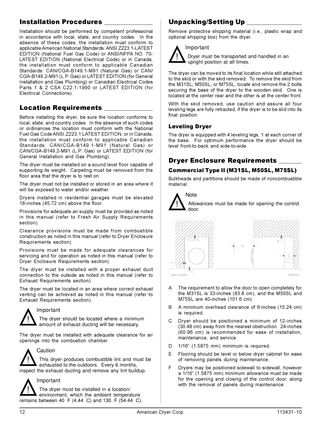 American Dryer Corp M31SL manual Installation Procedures, Location Requirements, Unpacking/Setting Up 