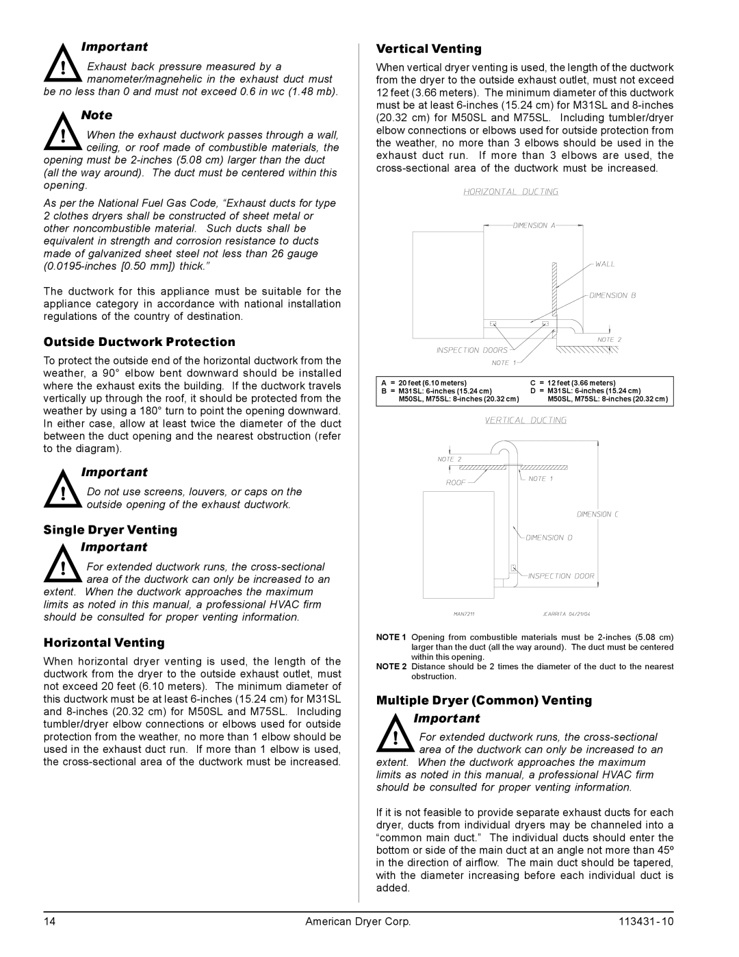 American Dryer Corp M31SL manual Outside Ductwork Protection, Single Dryer Venting, Horizontal Venting, Vertical Venting 