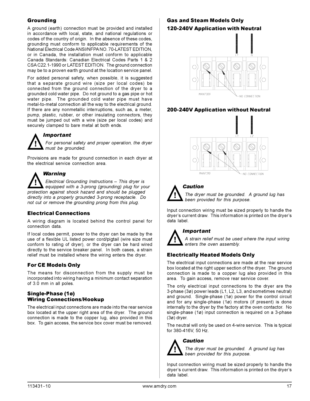 American Dryer Corp M31SL Grounding, Electrical Connections, For CE Models Only, Single-Phase 1ø Wiring Connections/Hookup 