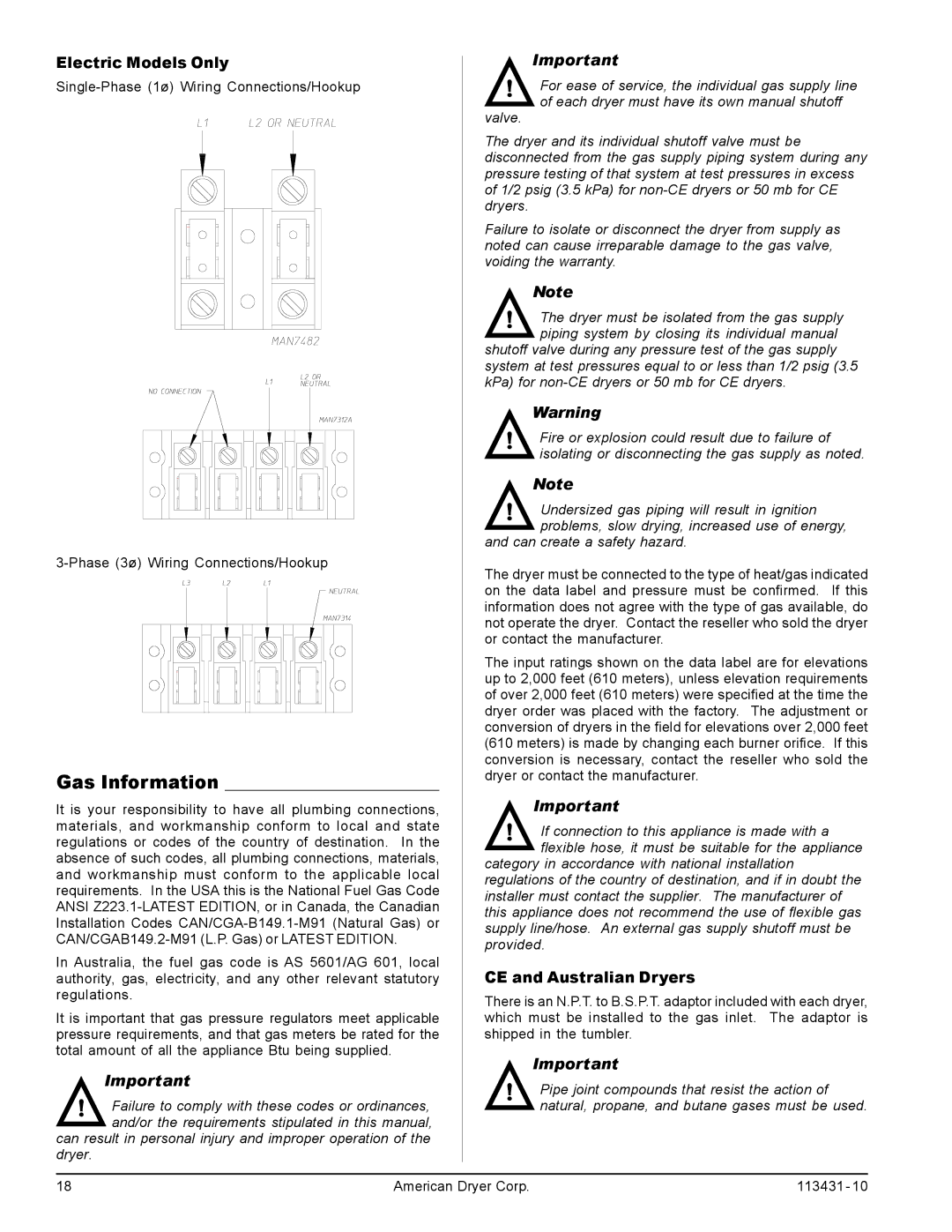 American Dryer Corp M31SL manual Gas Information, CE and Australian Dryers 