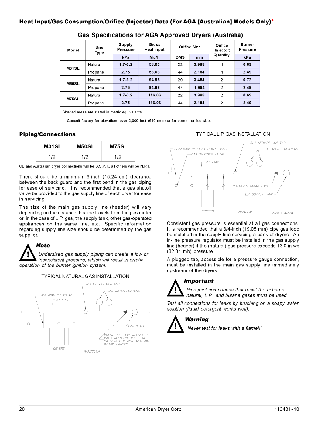 American Dryer Corp M31SL manual Gas Specifications for AGA Approved Dryers Australia, Piping/Connections 