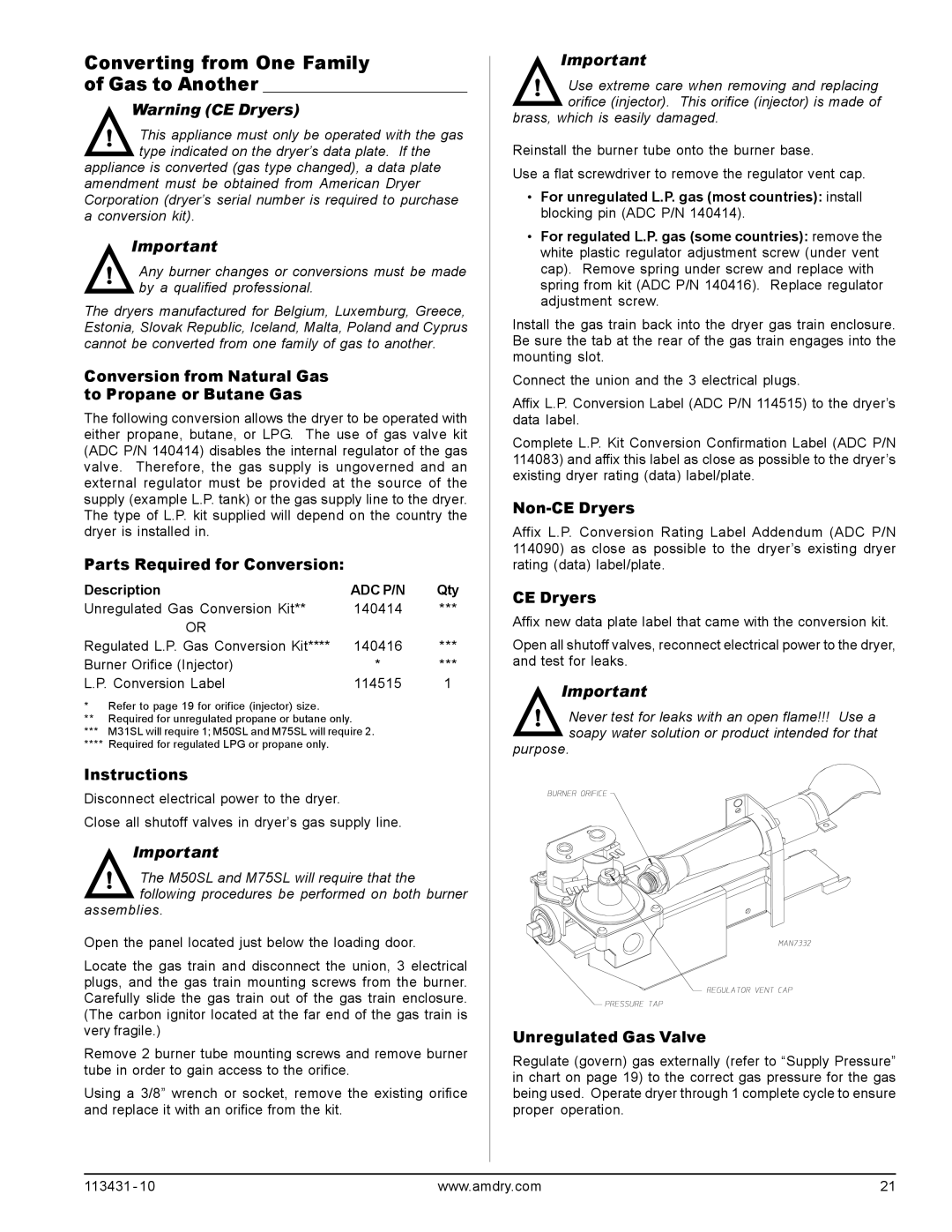 American Dryer Corp M31SL manual Converting from One Family Gas to Another 